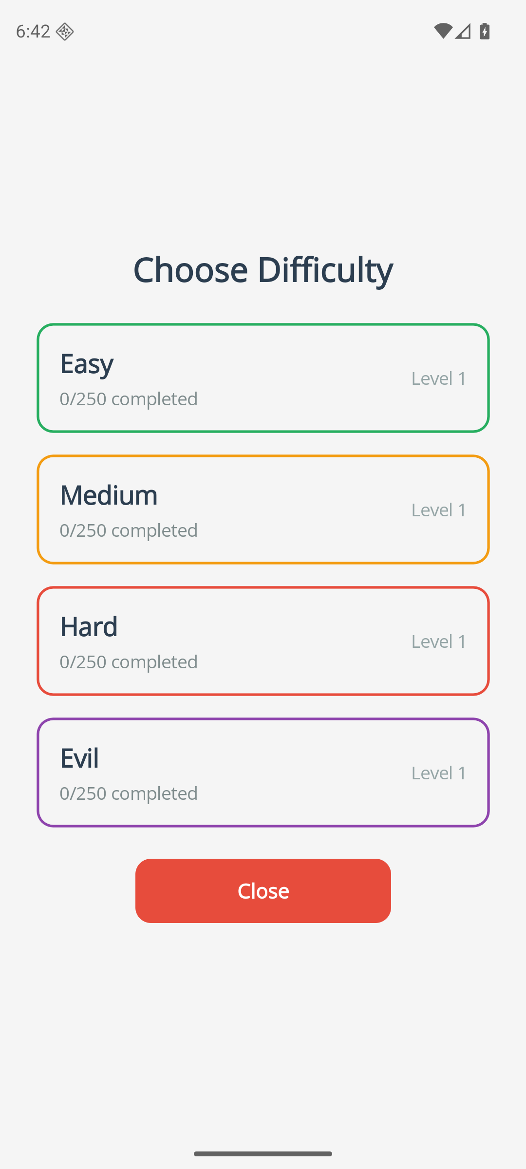انتخابگر دشواری BallSwipe — آسان، متوسط، سخت، شیطانی
