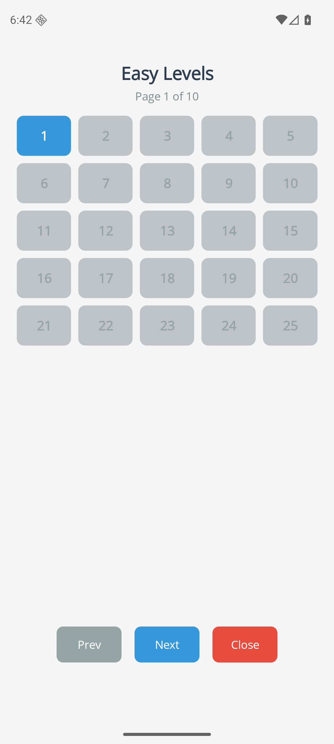 انتخابگر مراحل BallSwipe که مراحل آسان 1 تا 25 را نشان می‌دهد