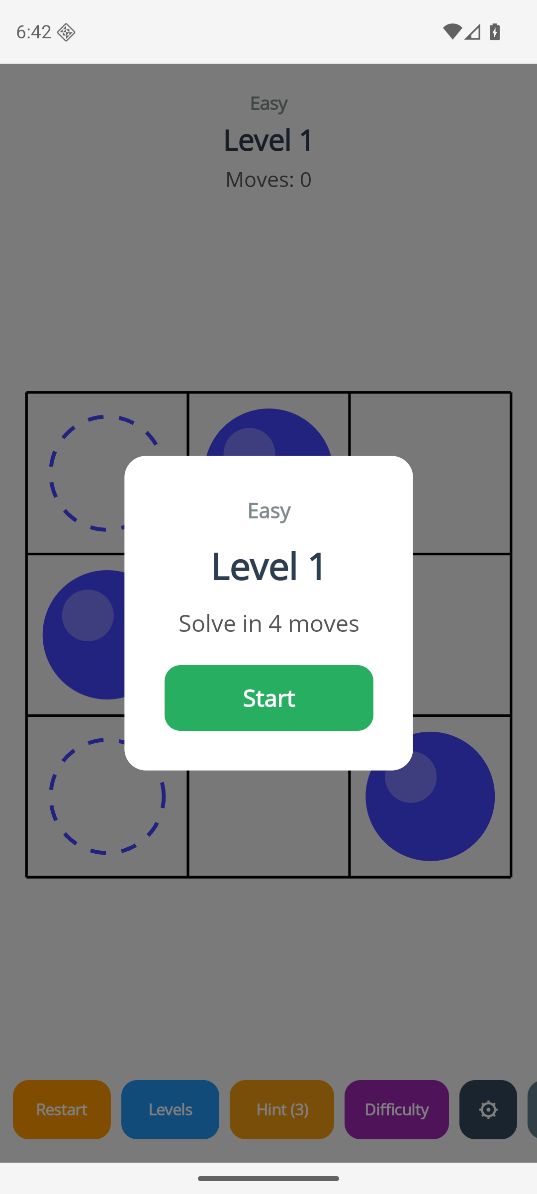صفحه شروع مرحله BallSwipe — در 4 حرکت حل کنید