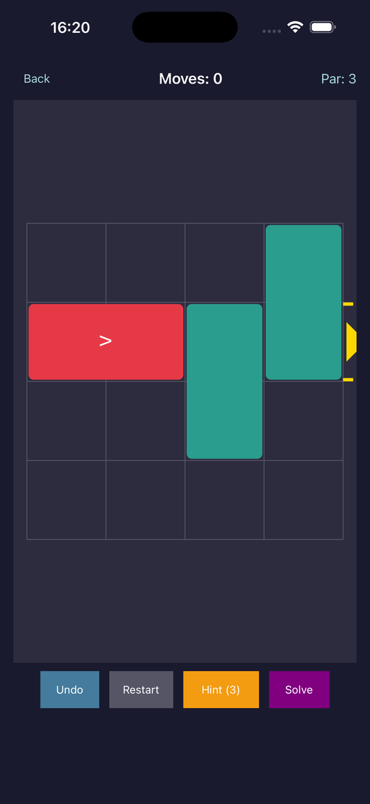BlockBuster gameplay — wooden sliding blocks with a red hero block on the puzzle grid