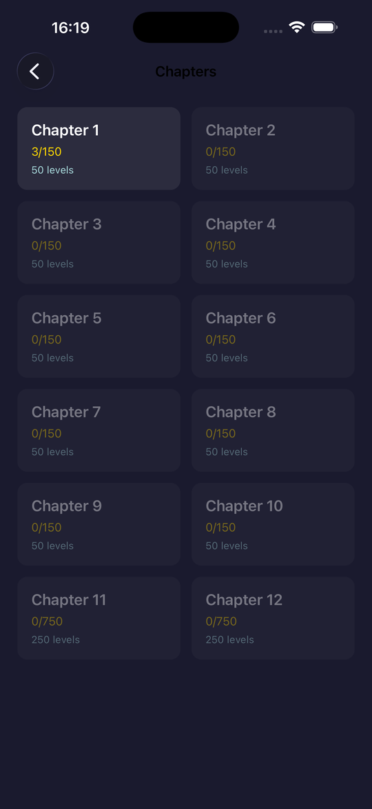 BlockBuster chapter selector — twelve themed chapters with progress