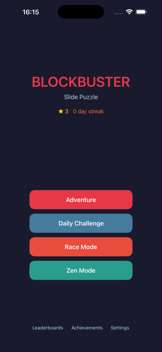 BlockBuster home screen — Adventure, Daily Challenge, Race, Zen and Level Editor modes