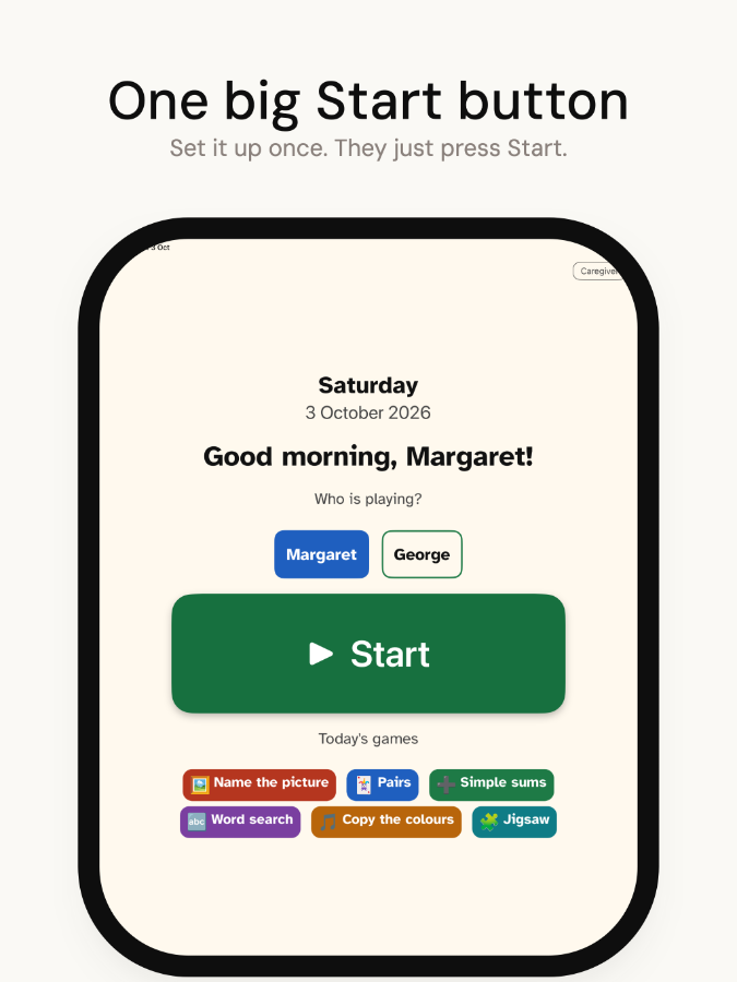 Player home screen: one large Start button, nothing else to tap by mistake.