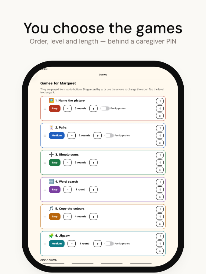 Caregiver setup: drag games into order and set difficulty before locking the screen.