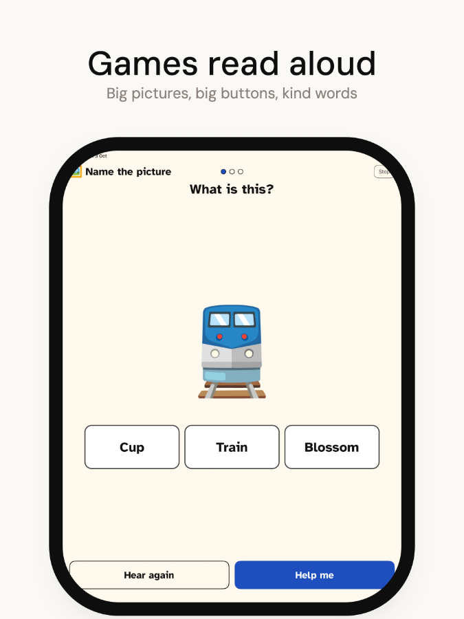 Card matching in play: large cards, no timer, spoken prompts guide the player.