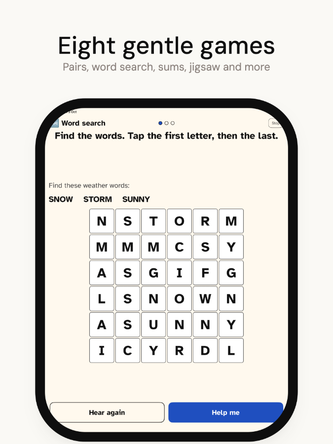 Large text, big buttons, spoken instructions