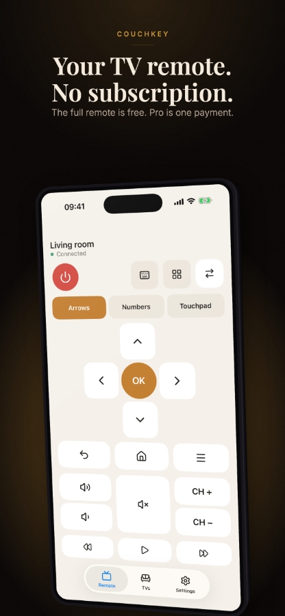 Full remote: D-pad, volume, channel and number keys