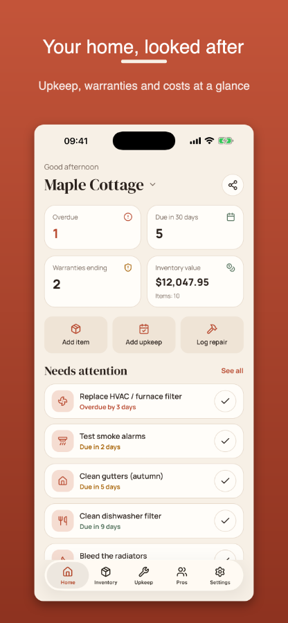 Items organized by property and room