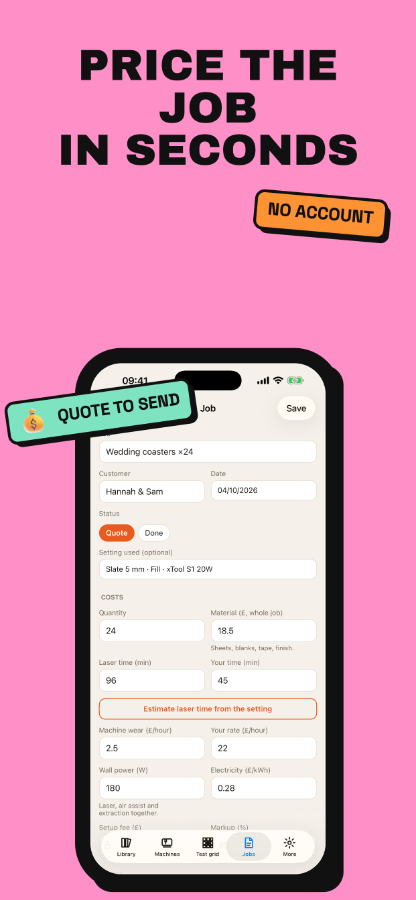 Price a job from material, time and markup