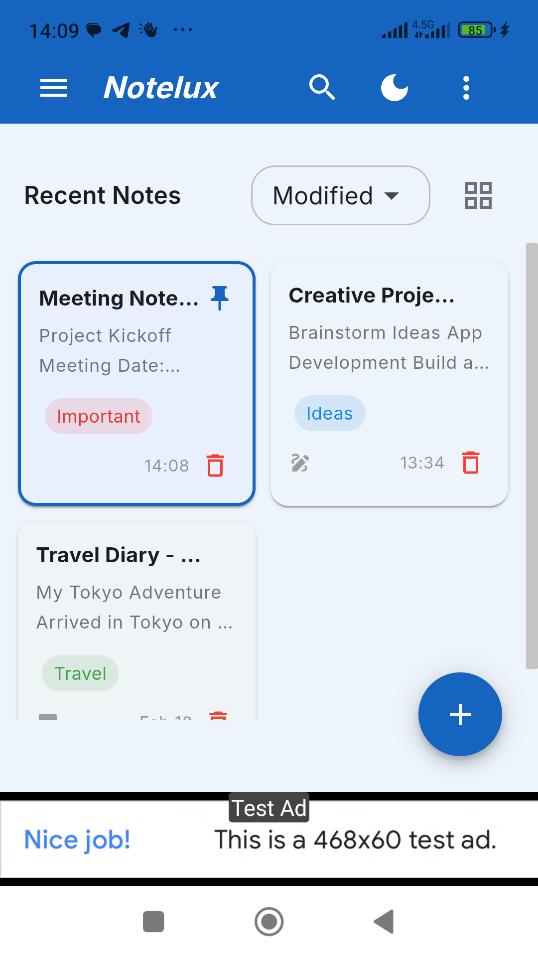Notelux home screen with note cards