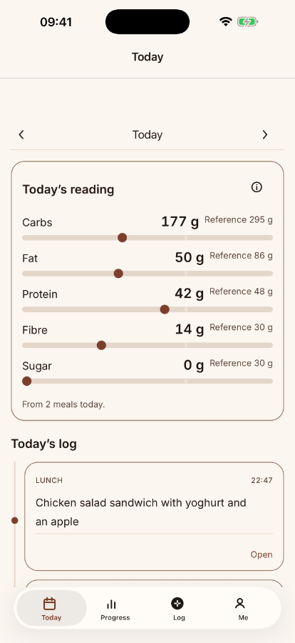 Type a meal in plain language — Nurisa finds the foods and returns five words