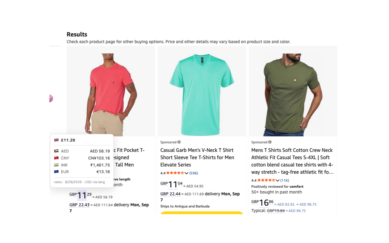 A shopping page where each price carries its converted value beside it