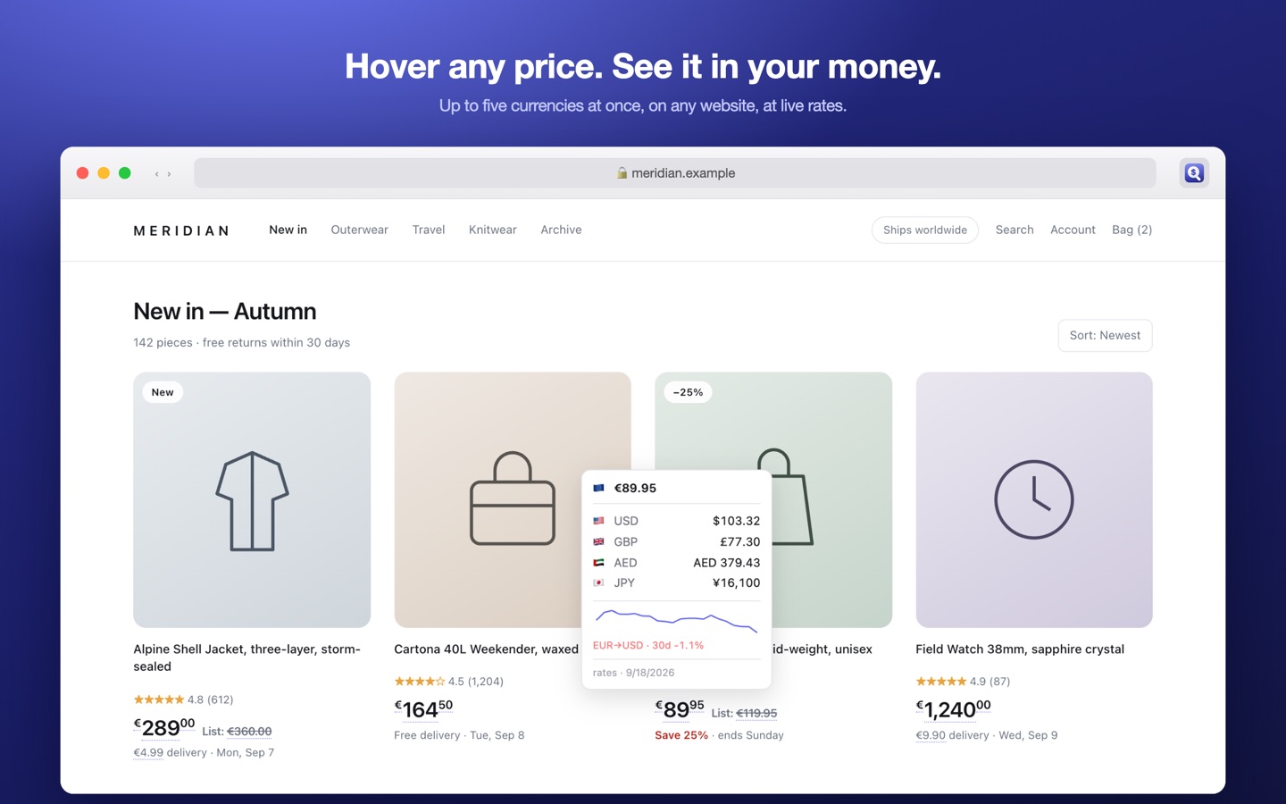 A shop page with the Pricelux card open over a price, showing it in four currencies and a thirty-day chart