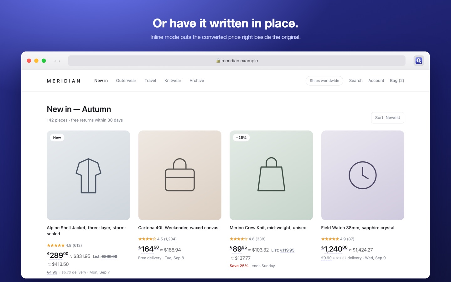 The same shop page in inline mode, with each converted price written beside the original