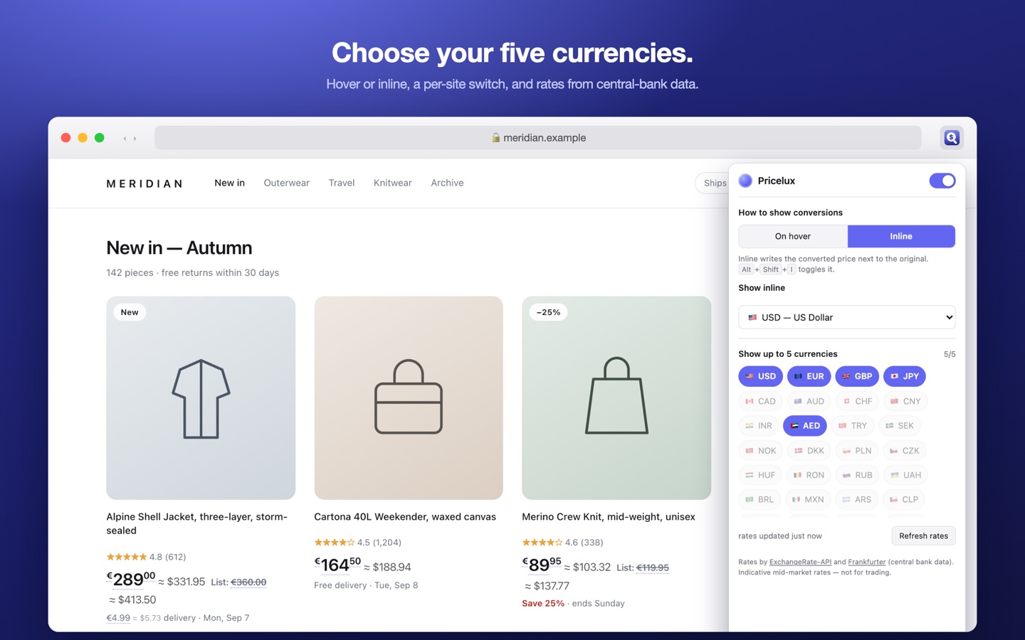 The Pricelux popup open over a page, showing the currency picker and the hover-or-inline switch