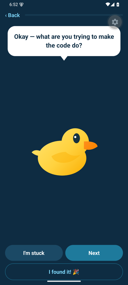 Quack debugging session — the duck asks: what are you trying to make the code do?